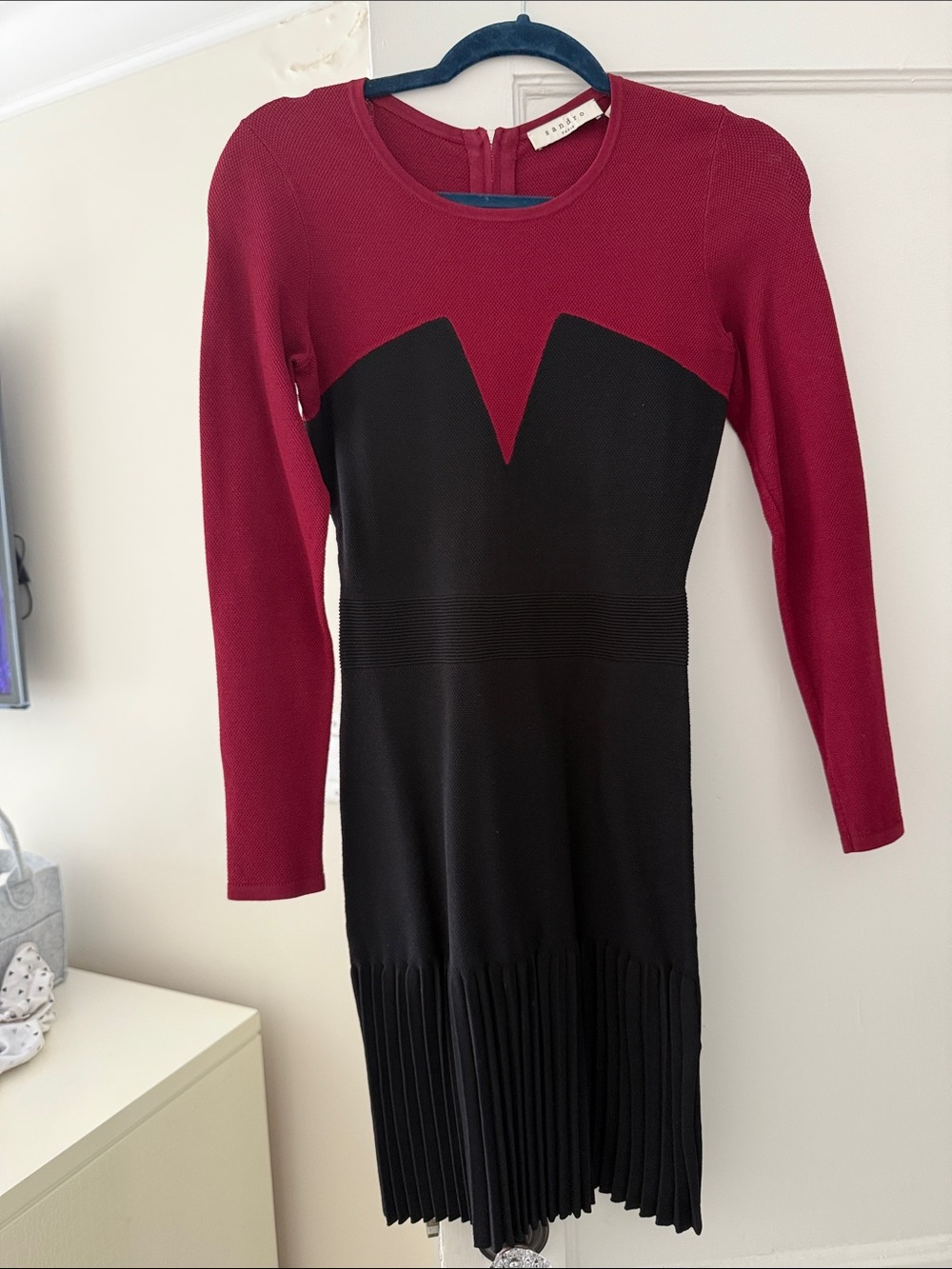 Sandro Two-Tone Red and Black Long Sleeve Dress
